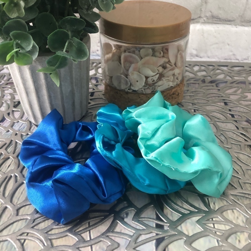 3 New Silk Scrunchies Blue, Teal Mint Color